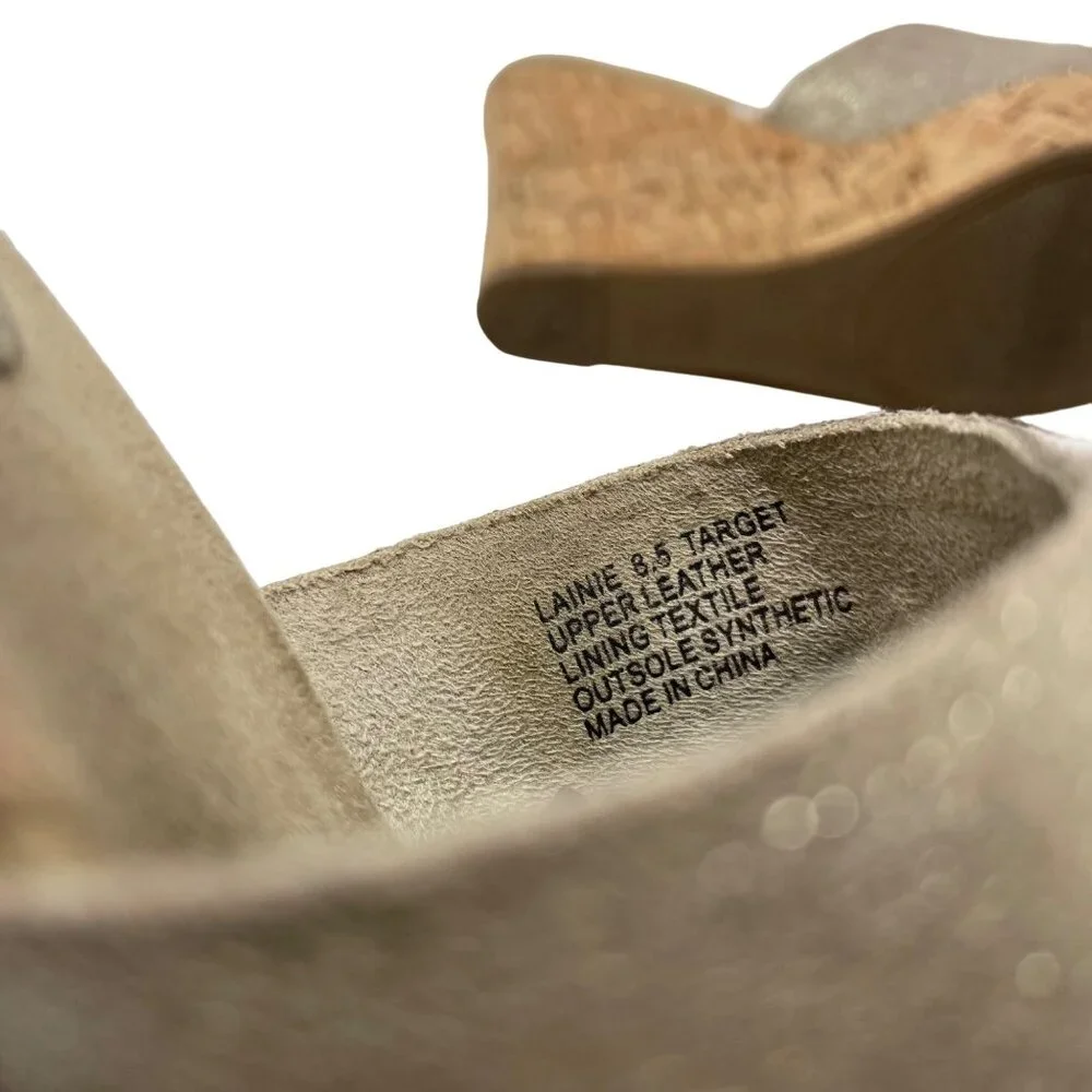 70 Post Paris Lainie Gold Leather Wedge Size 8.5 Open Toe Cork Heel
